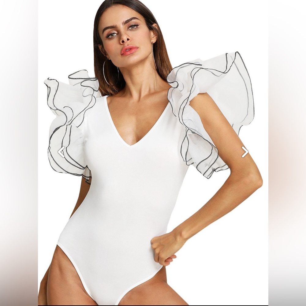 Women's V Neck Ruffle Mesh Sleeve Stretchy Party Romper Bodysuit, Size Large